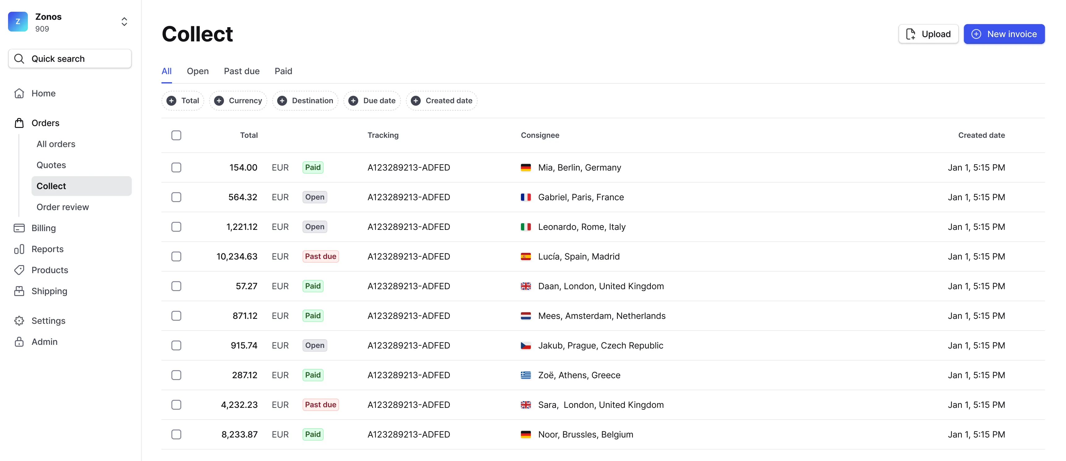Customs invoice page